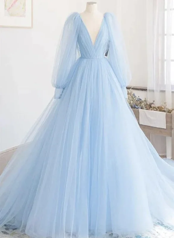 Light Blue Long Sleeves Blue Tulle Prom Dress, Blue Tulle A-line Party Dress Tunics Yoga stretchy