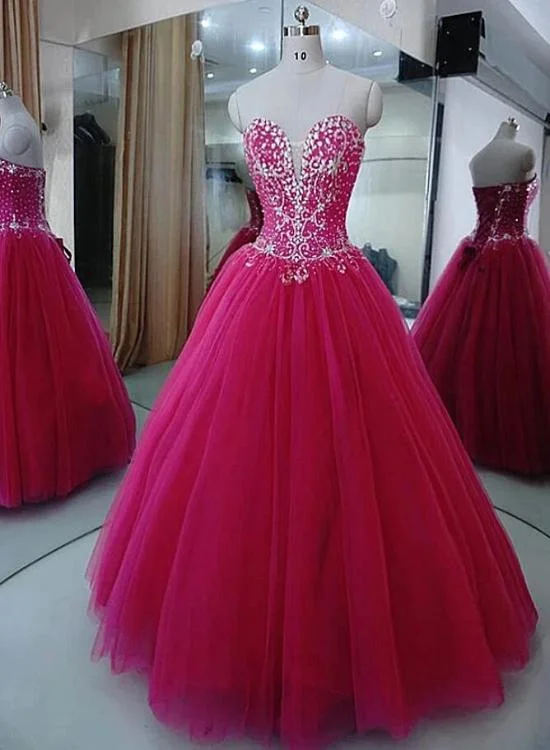 Charming Beaded Fuschia Tulle Ball Gown Party Dress, Sweet 16 Dress Sequined Elegant Party