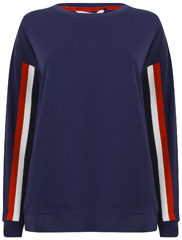 Calais Sweatshirt with Woven Tape Detail Sleeves in Patriot Blue - Amara Reya Hoodie with Raw Hem Edgy Unfinished Calais Sweatshirt with Woven Tape Detail Sleeves in Patriot Blue - Amara Reya Hoodie with Raw Hem Edgy Unfinished
