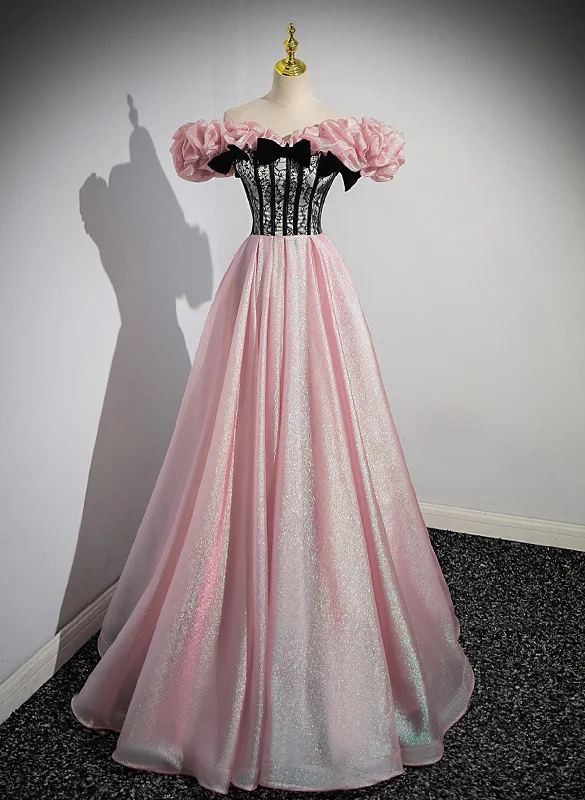 Pink A-line Off Shoulder Long Party Dress Prom Dress, Pink Sweetheart Evening Dress Halter Neckline Beach
