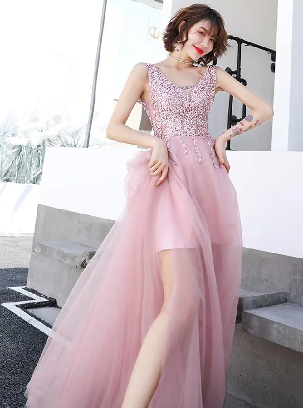 Pink Beaded V-neckline Tulle Long Party Dress, Pink Floor Length Prom Dress Tunics stripes playful