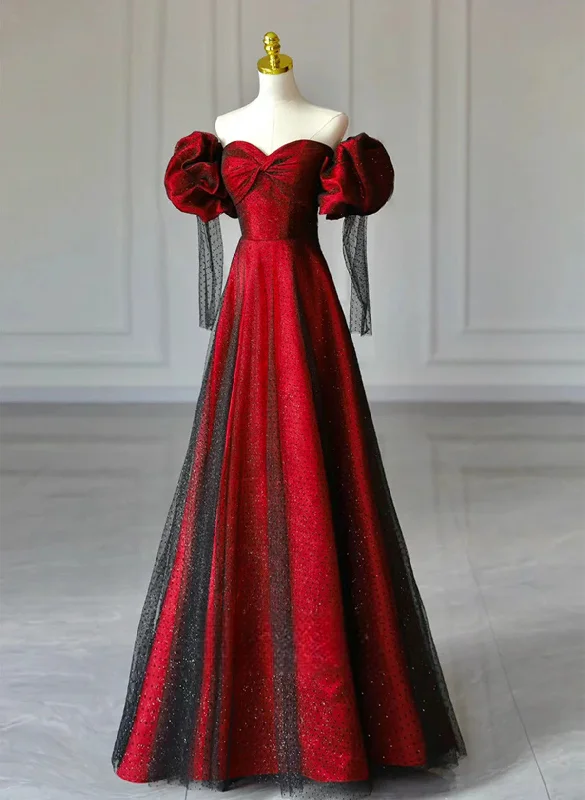 Black and Red Off Shoulder Sweetheart Party Dress, A-line Long Evening Dress Tunics Chic elegant