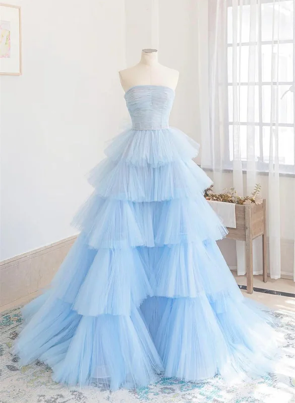 Blue Tulle Scoop Layers Long Party Dress, Blue Tulle Formal Dress Tunics Travel practical