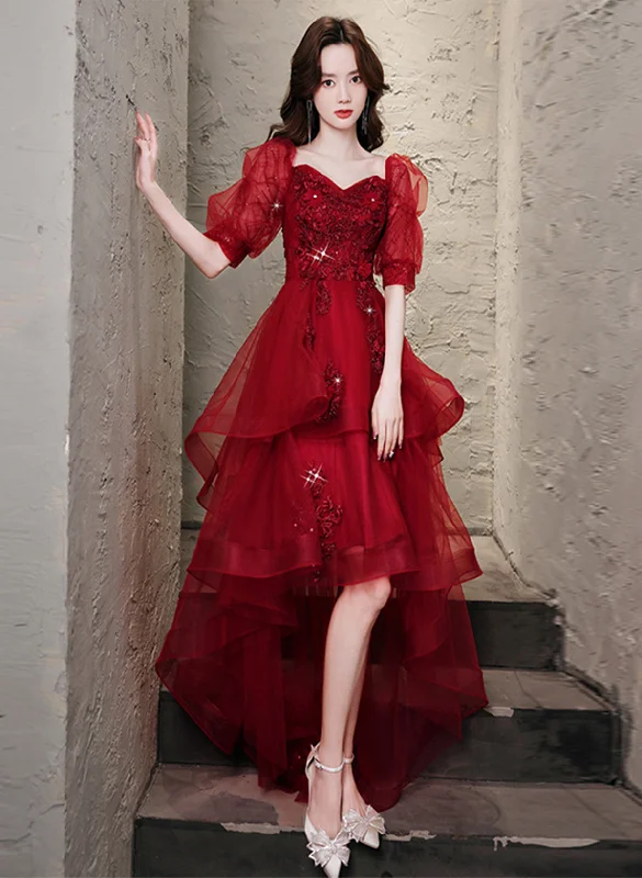 Chic Wine Red High Low Short Sleeves Party Dress, Wine Red High Low Homecoming Dress Tunics Print Colorful