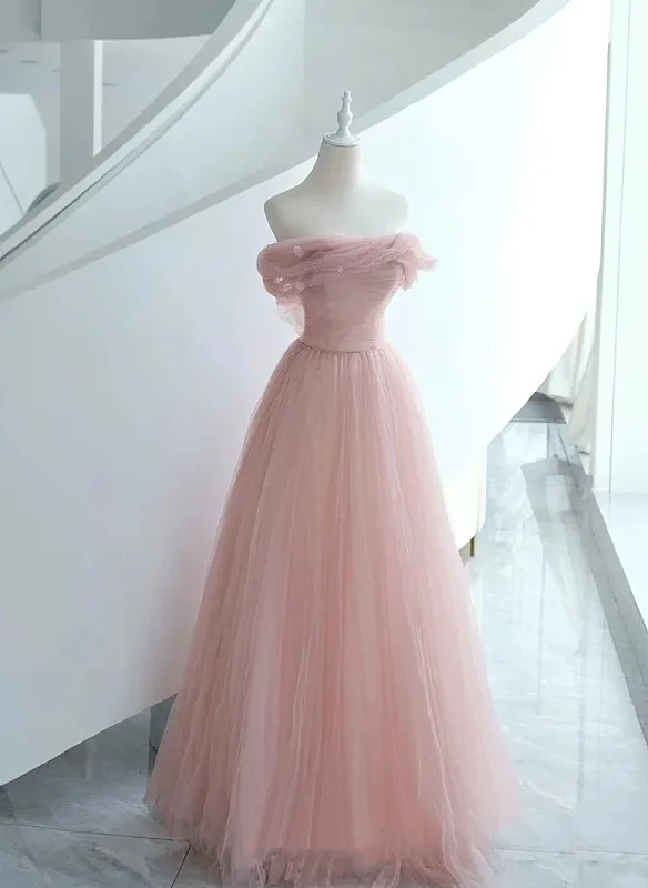 Pink Tulle Scoop A-line Floor Length Party Dress, Pink Off Shoulder Formal Dress Prom Dress Tunics Solid Classic