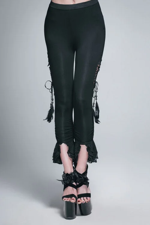 Black Side Hollow Out Lace Up Slit Lace Hem Gothic Womens Pants Fashionable Sporty Pants Black Side Hollow Out Lace Up Slit Lace Hem Gothic Womens Pants Fashionable Sporty Pants