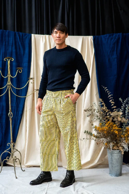 Button Pants Full Length - Yellow and Black Stripe Print Classic Straight-Leg Pants