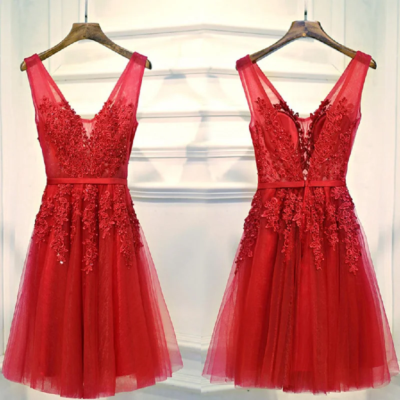 V Neckline Red Lace Short Homecoming Dress, Red Short Prom Dresses, Perfect Homecoming Dresses, Red Cocktail Dresses, CM0013 Tunics Plaid country