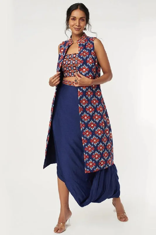 DEEP BLUE DRAPE SKIRT BUSTIER AND SLEEVLESS BUTTA EMBROIDERED JACKET Satin Fabric Silk Fabric Chiffon Fabric