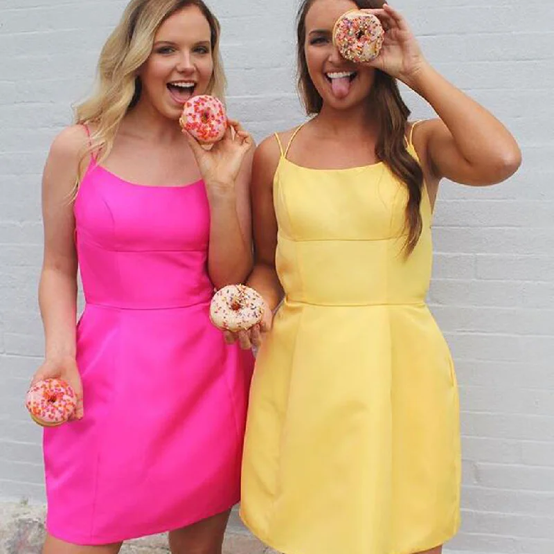 Spaghetti Straps Bright Homecoming Dress, Charming Sleeveless Satin Backless Homecoming Dress, KX1281 Tunics Designer luxury