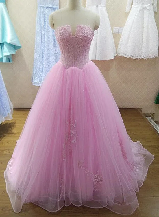 Beautiful Pink Tulle Ball Gown Party Dress, Long Sweet 16 Dress Tunics Chic elegant