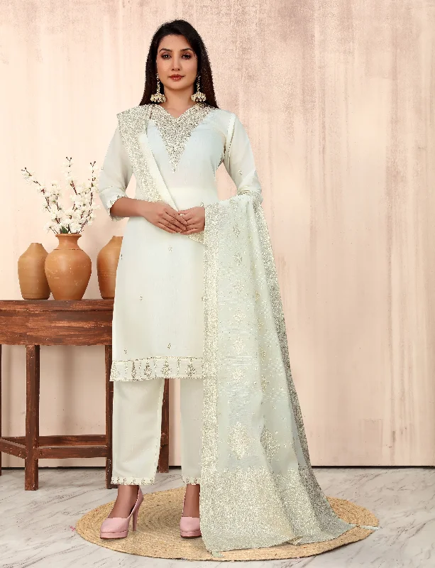 Women V-Neck Sequence Embroidered Work Silk Blend Fabric Kurta & Pant Set Comes With Net Embroidered Dupatta - Taantav Trendy High-Waist Trousers