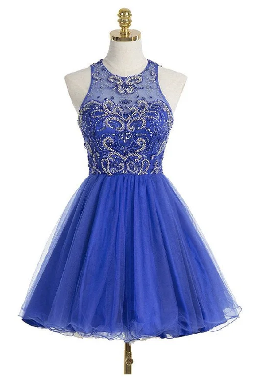 Royal Blue Sexy Open back Halter Beaded homecoming prom dresses, CM0021 Tunics Corduroy durable