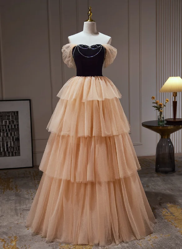 Black and Champagne Sweetheart Layers Tulle Long Party Dress, A-line Evening Dress Tunics Satin smooth