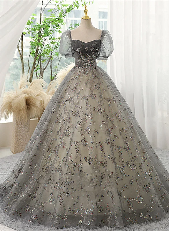 Beautiful Ball Gown Tulle Short Sleeves Long Party Dress, Tulle with Lace Prom Dress Tunics Timeless classic