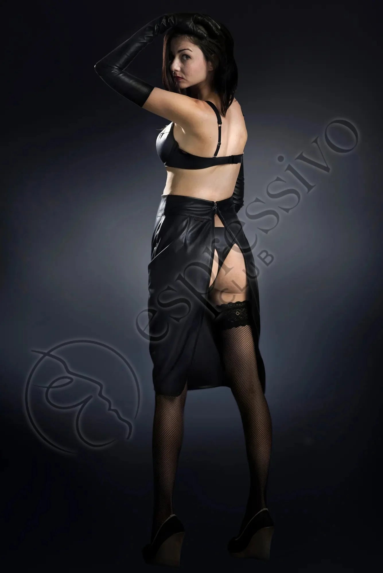 Leather hobble skirt with double zipper high slit skirt