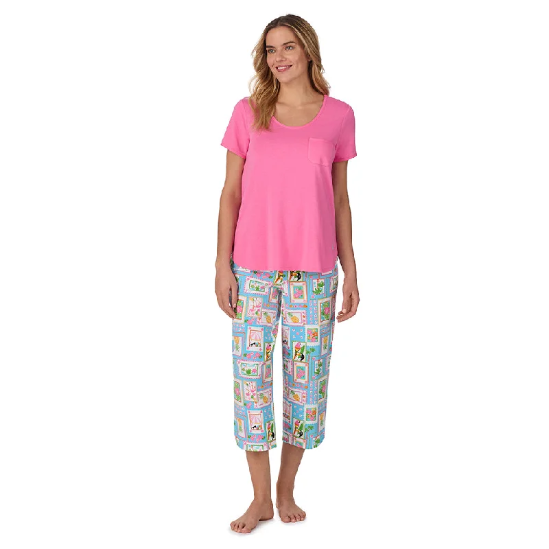 Cotton-Blend Short Sleeve Top with Cropped Pant 2-Pc Pajama Set Formal Wide-Leg Pants
