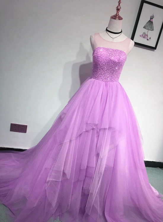 Glam Light Purple Tulle High Low Beaded Layers Party Dress, Formal Dress Shift Classic Vintage