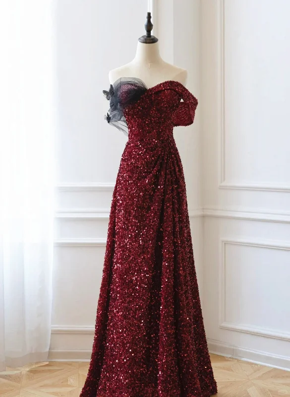 Wine Red Sequins Off Shoulder Long Party Dress, A-line Sequins Prom Dress Tunics New arrival