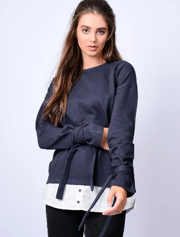 Fenman Layered Sweatshirt with Tie Sleeves in Mood Indigo - Amara Reya Hoodie with Contrast Stitching Detailed Premium Fenman Layered Sweatshirt with Tie Sleeves in Mood Indigo - Amara Reya Hoodie with Contrast Stitching Detailed Premium