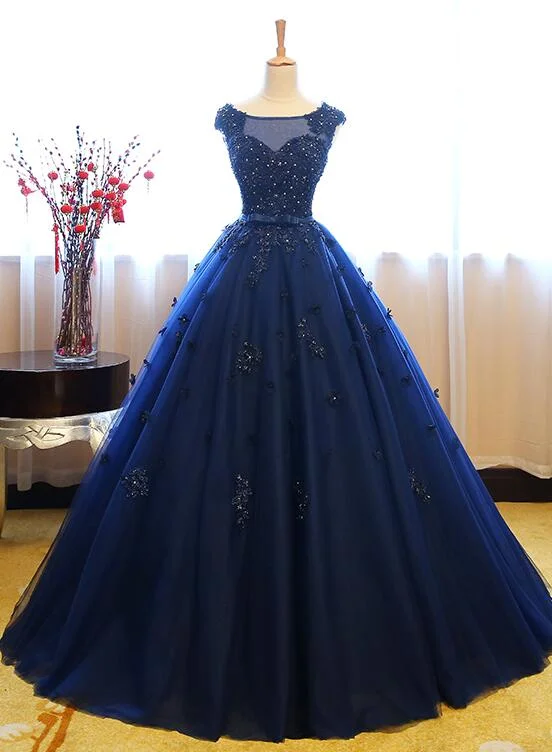 Navy Blue Tulle Cap Sleeves Quinceanera Dresses, Blue Beaded Ball Gown Party Dress Tunics Sophisticated sleek