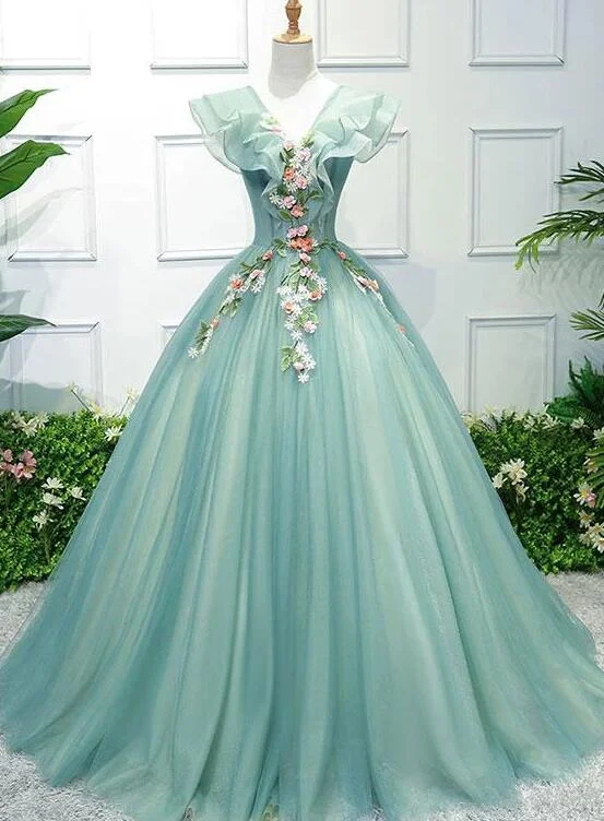 Charming Green Off Shoulder Ball Gown Party Dress, Sweet 6 Dress Chiffon Maxi Beach