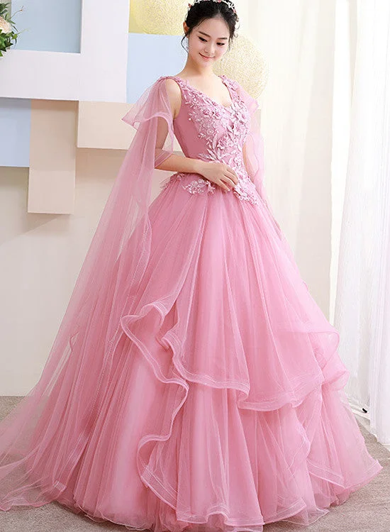 Pink Tulle Sweet 16 Party Dress with Lace Applique Formal Dress, Pink Quinceanera Dresses Tunics Practical durable