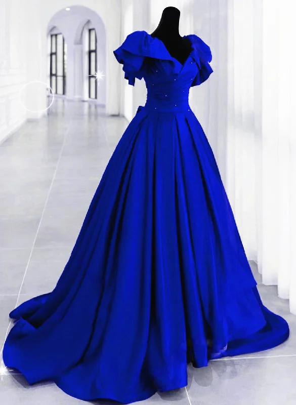 Royal Blue Long Satin Lace-up A-line Prom Dress, Royal Blue Wedding Party Dress Tunics Designer luxury