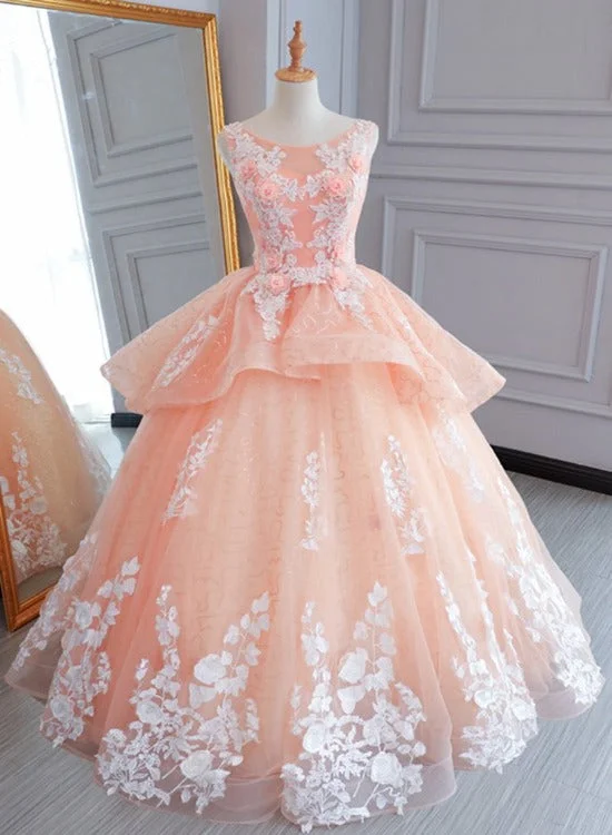Peach Pink Tulle Princess Sweet 16 Party Dress, Quinceanera Dresses Formal Dress Tunics Brand named