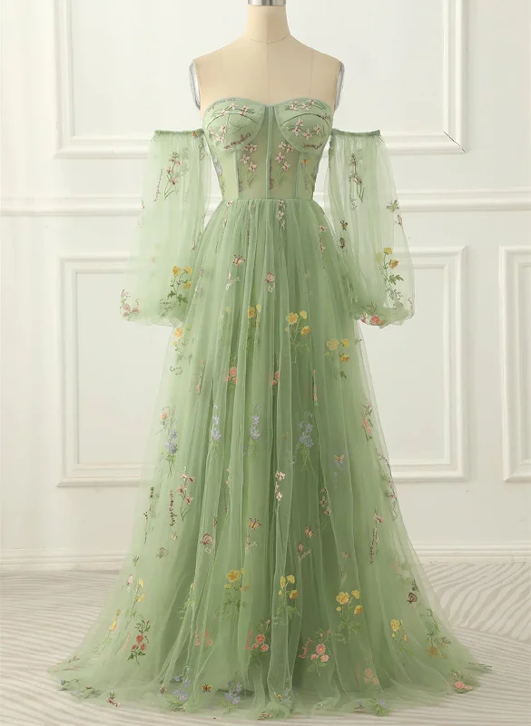 Light Green Tulle Floral Sleeves Long Party Dress, A-line Light Green Prom Dress Tunics Corduroy durable