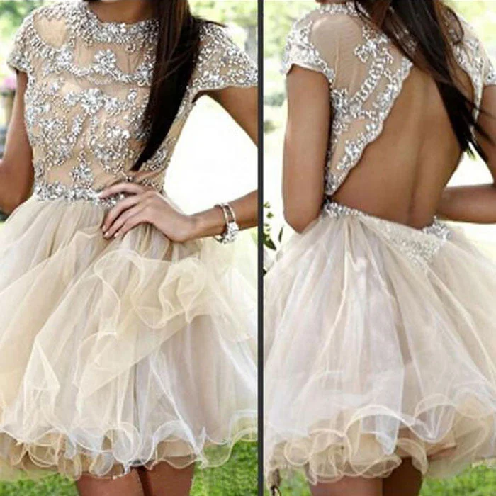 Short sleeve sparkly open back sexy knee length graduation homecoming dress,BD0047 Tunics Travel practical
