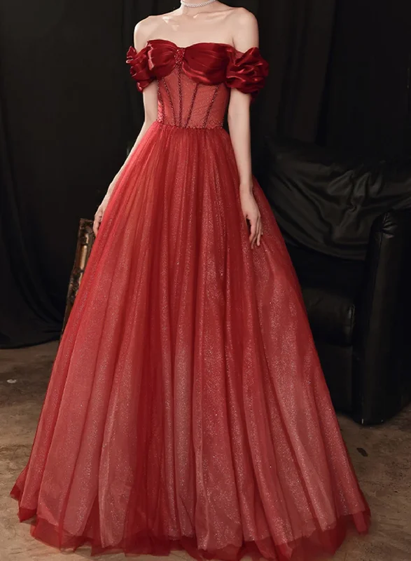 Wine Red Off Shoulder Prom Dress Sparkly Party Dress, Wine Red Sweetheart Formal Dress Tunics Cozy comfortable