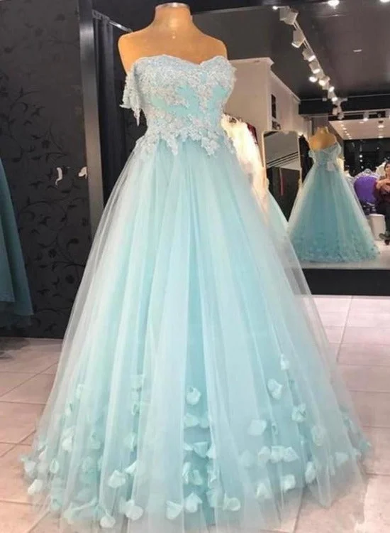 Mint Blue Sweetheart Tulle with Lace and Flowers Formal Dress, Tulle Long Prom Dress Party Dress Tunics Wedding white
