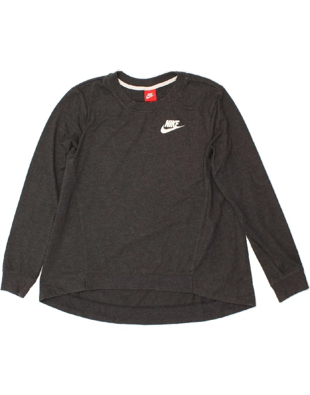 NIKE Womens Sweatshirt Jumper UK 14 Medium Grey Hoodie with Frayed Bohemian Relaxed