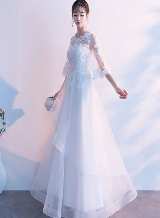 White Tulle with Lace Short Sleeves Layers Tulle Prom Dress, White Simple Wedding Party Dress Tunics Custom made