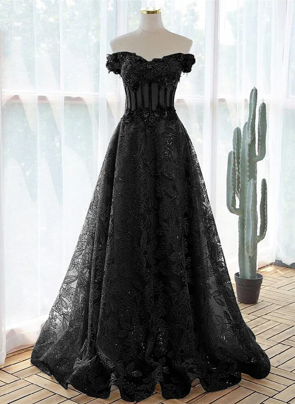 A-line Off Shoulder Black Tulle with Lace Party Dress, Black Long Prom Dress Tunics Stylish modern