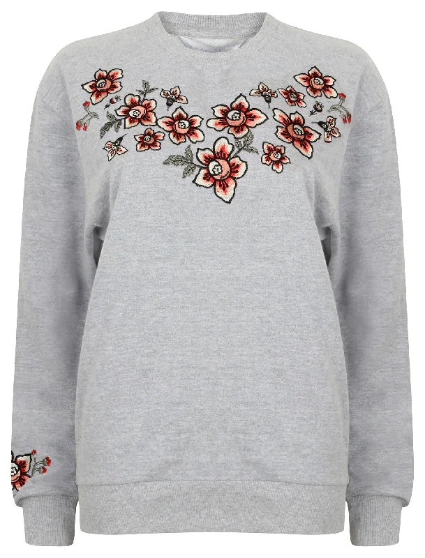 Blossom Floral Embroidered Sweatshirt in Light Grey Marl - Amara Reya Hoodie with Sequins Glamorous Eye-catching Blossom Floral Embroidered Sweatshirt in Light Grey Marl - Amara Reya Hoodie with Sequins Glamorous Eye-catching