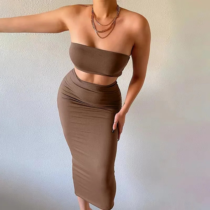 2pcs/set Women Long Skirt Sets Sexy Strapless Tube Top Bodycon Maxi Skirts Y2k Two Piece Outfit Summer Clothing Beach Wear lace skirt romantic