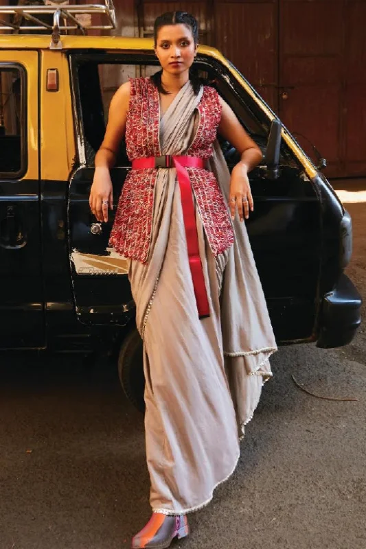 CONCRETE GREY PRE STITCHED CASCASE SAREE TEAMED WITH BUSTIER AND EMBELLISHED JACKET BELT: STYLING PURPOSE ONLY Print Jacket Jacquard Jacket Embroidered Jacket