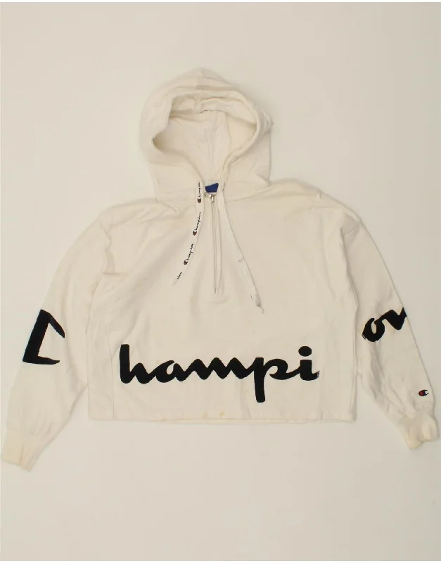 CHAMPION Womens Oversized Graphic Crop Hoodie Jumper UK 14 Medium White Hoodie with Sequins Glamorous Eye-catching