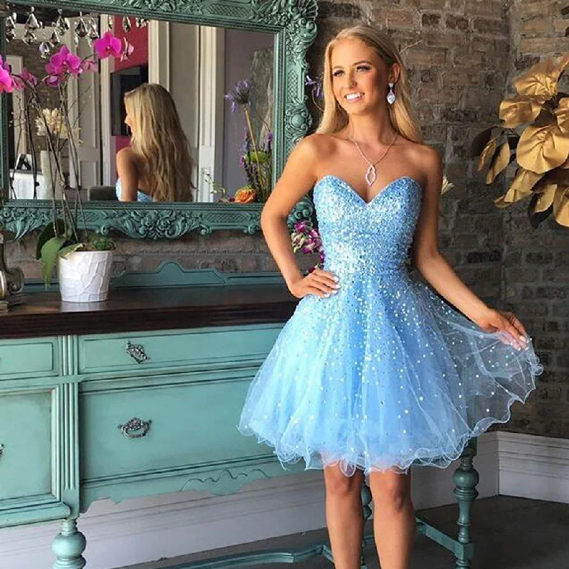 Blue A-Line Beaded Homecoming Dress, Sleeveless Tulle Backless Homecoming Dress, KX1287 Tunics Exclusive limited