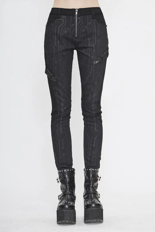 Black Punk Circuit Printed Leather Loops Womens Pants High-Waist Yoga Pants