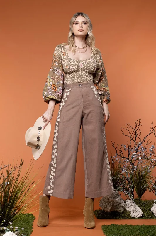 Brown Pants with Embroidery Trendy Printed Leggings