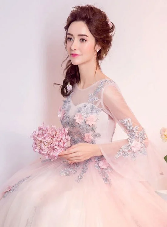 Lovely Light Pink Tulle Round Neckline Party Dress with Flower Lace, Pink Sweet 16 Gown Tunics Luxurious high-end