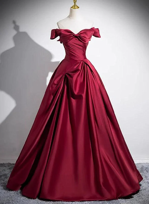 Wine Red Satin Off Shoulder Floor Length Party Dress, Wine Red Evening Dress Tunics Luxurious high-end