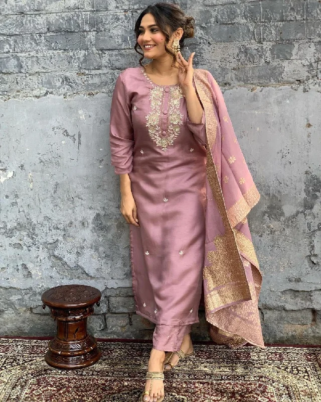 Women Round Neck Embroidered Work Viscose Rayon Fabric Kurta & Pant With Dupatta Set - Taantav High-Waist Trousers