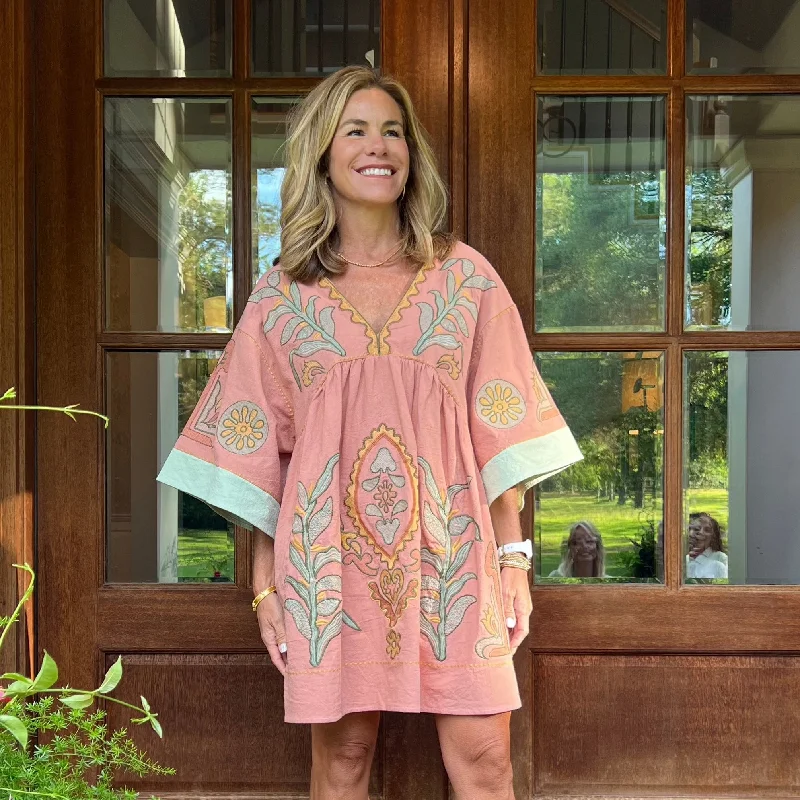 Daisy Long Sleeve Embroidery Dress | Brick with Sage Trim Tunics Modern contemporary