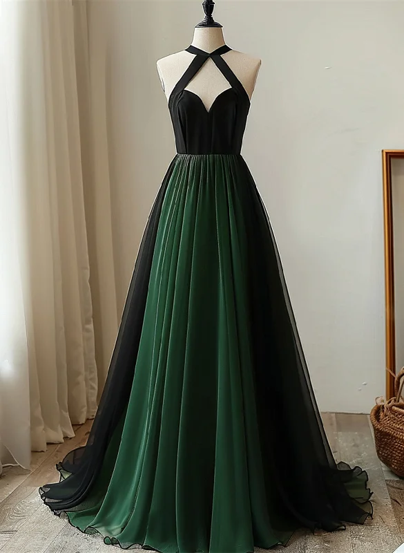 Black and Green Chiffon Haler Chic Party Dress, Black and Green Prom Dress Lace Sexy Club
