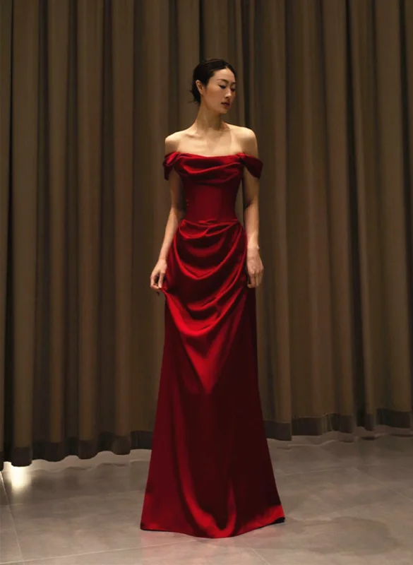 Wine Red Satin Off Shoulder Floor Length Prom Dress, Wine Red Party Dress Tunics Trendy modern