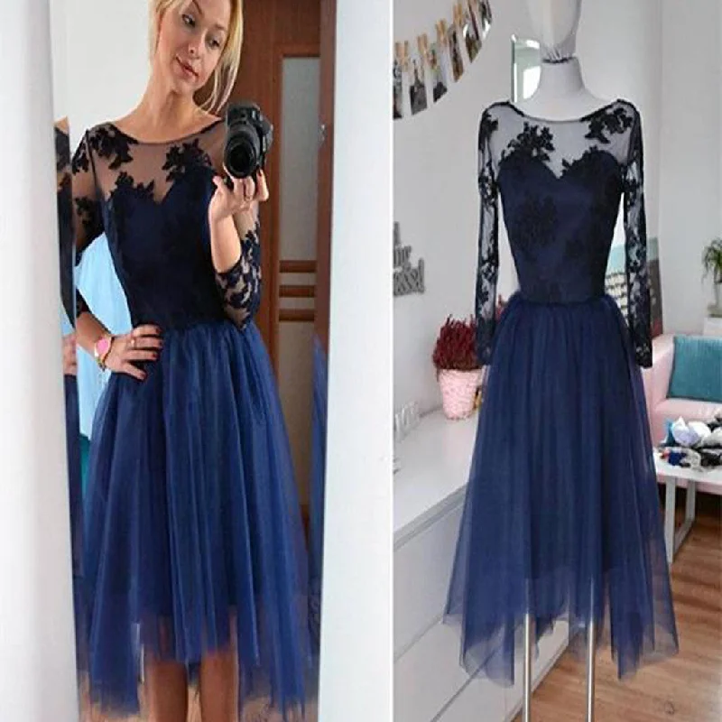 Navy long sleeve lace see through tulle simple modest casual homecoming prom gown dress,BD0086 Casual Short Summer